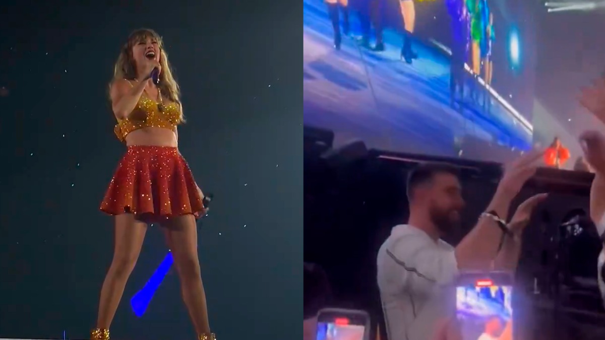 Swift shocked the crowd when she sang a mash-up of “Treacherous” and “The Alchemy,” which is rumored to be about Kelce. During the performance, Kelce lifted his hands to form a heart above his head.