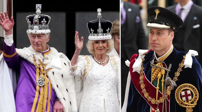 The video rolled to show King Charles, now 75, and Queen Camilla, now 76, traveling to the ceremony from Buckingham Palace in the Diamond Jubilee State Coach and footage from within Westminster Abbey, including the King’s dramatic moment of crowning by the Archbishop of Canterbury with the St. Edward's Crown.