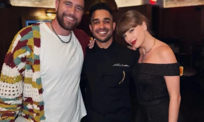 Taylor Swift stepped out for a date night with Travis Kelce donning an off-the-shoulder metallic dress in Las Vegas.