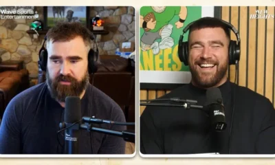 Hilarious moment Jason Kelce's Irish wolfhound interrupts the latest New Heights episode - and the huge hound leaves Travis STUNNED: 'Damn, what the f*** was that?'