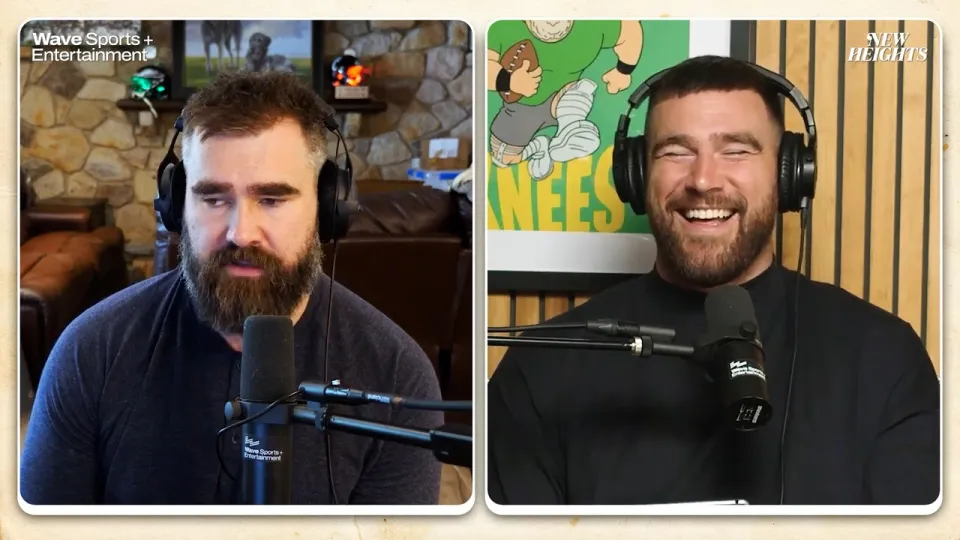 Hilarious moment Jason Kelce's Irish wolfhound interrupts the latest New Heights episode - and the huge hound leaves Travis STUNNED: 'Damn, what the f*** was that?'