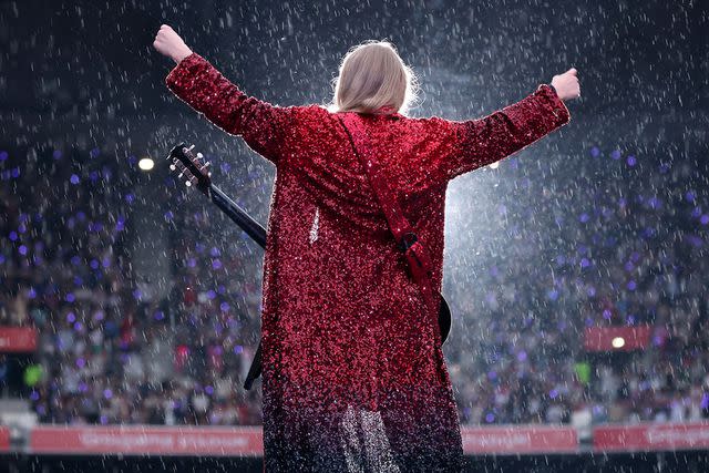 EXCLUSIVE: "Pluie, rain," Taylor Swift exclaimed to the sold-out show inside Groupama Stadium as she floated onto the stage during the "Speak Now" era.
