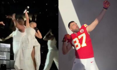 Taylor Swift reenacts boyfriend Travis Kelce’s bow and arrow move as he attends her London concert