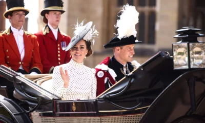 Smiling William shares a chat with uncle Edward during ancient Order of the Garter procession as royals join King and Queen at Windsor Castle - after Kate's Trooping the Color boost to the nation