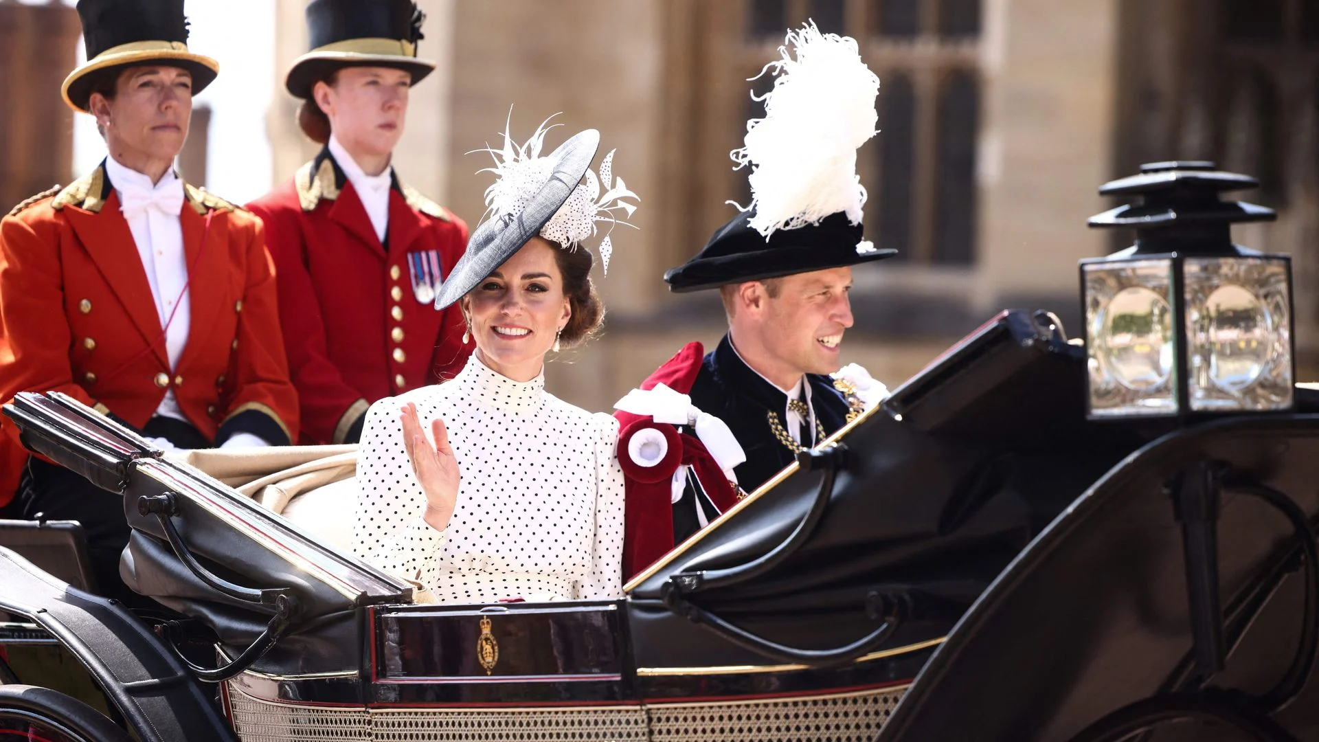 Smiling William shares a chat with uncle Edward during ancient Order of the Garter procession as royals join King and Queen at Windsor Castle - after Kate's Trooping the Color boost to the nation