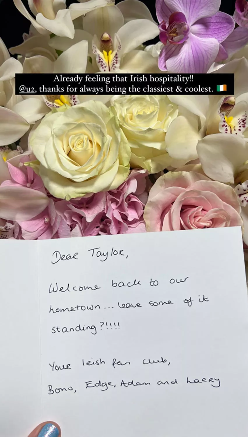 WATCH: U2 Sends Taylor Swift Flowers to Welcome Her for Dublin Eras Tour Shows: 'Already Feeling That Irish Hospitality'